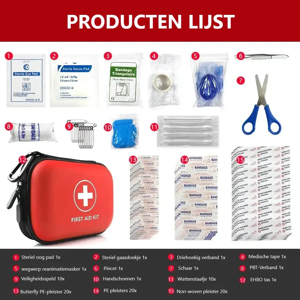 Compacte eerste hulp EHBO kit 90pcs | Rood of Zwart
