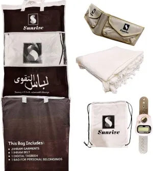 Complete Ihram Package for Hajj and Umrah - 2 Cotton Ihram Garments, 2 Pocket-Belt, Digital Tally Counter, Travel Bag - Comfortable, Lightweight, and Breathable Pilgrimage Set