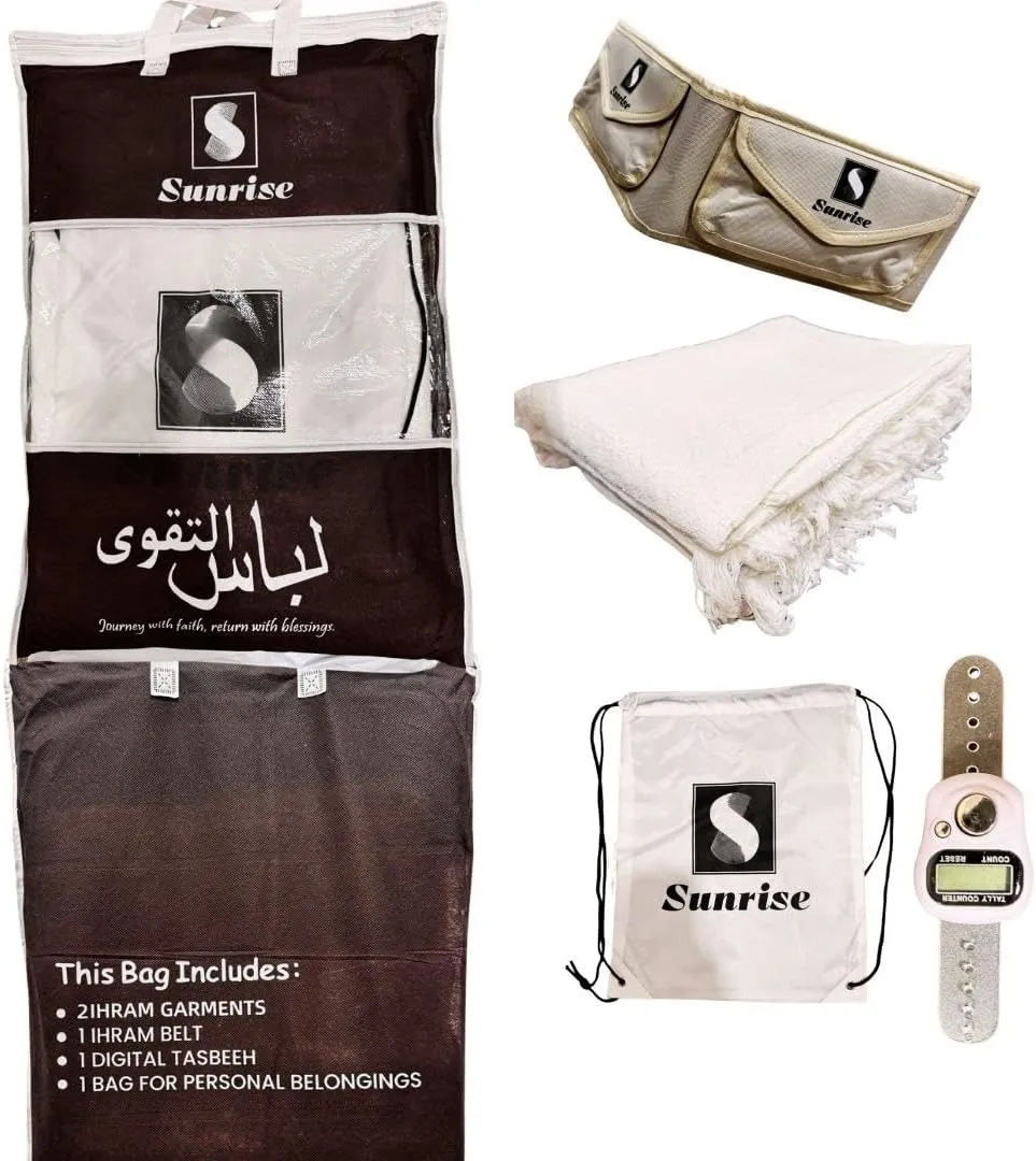 Complete Ihram Package for Hajj and Umrah - 2 Cotton Ihram Garments, 2 Pocket-Belt, Digital Tally Counter, Travel Bag - Comfortable, Lightweight, and Breathable Pilgrimage Set