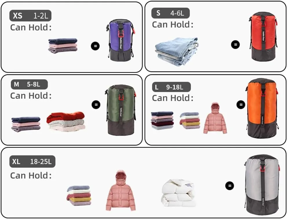 Compression Stuff Sack Lightweight 1-2L/4-6L/5-8L/9-18L/18-25L Waterproof Polyester Compression Bag Sleeping Bag Storage Sack for Camping Hiking Backpacking Outdoor Travel