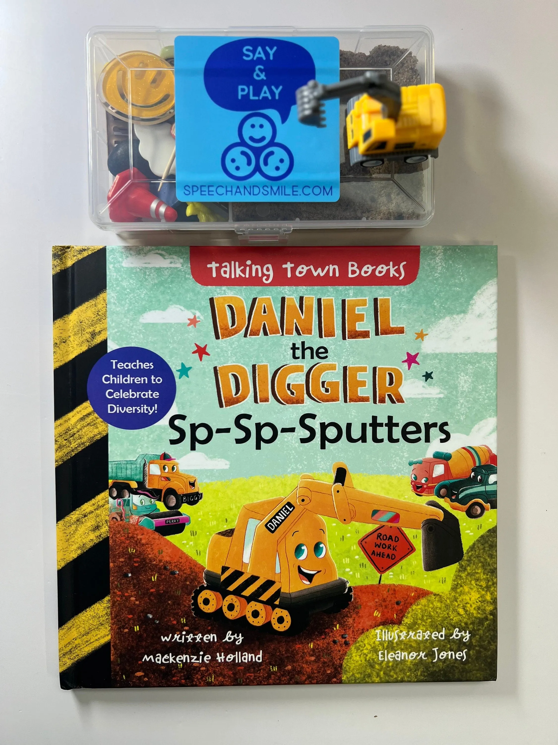Construction Story Kit-Daniel the Digger Sputters-Stuttering Awareness Book-Story Objects-Story Kit-Speech Therapy Mini Objects