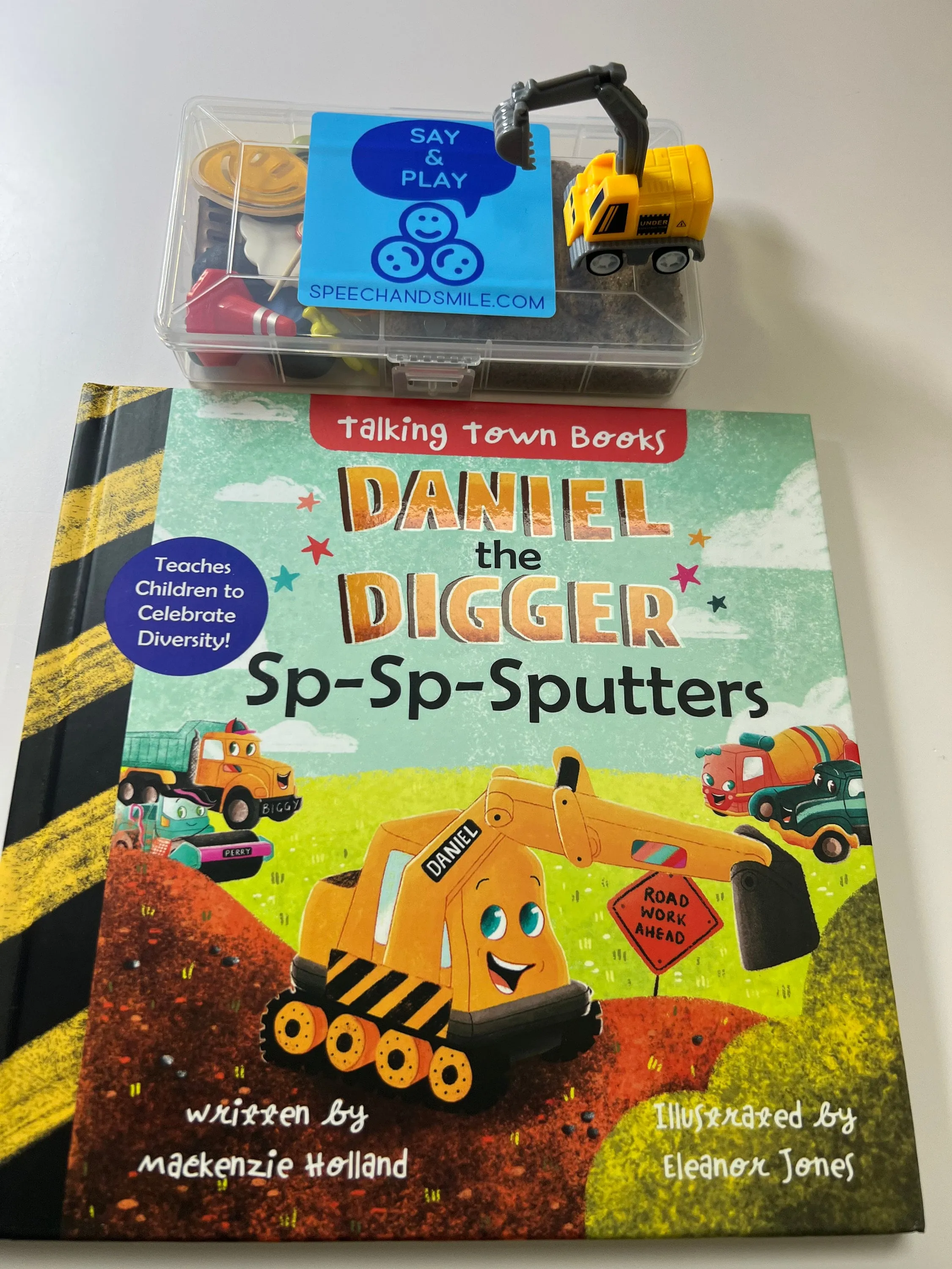 Construction Story Kit-Daniel the Digger Sputters-Stuttering Awareness Book-Story Objects-Story Kit-Speech Therapy Mini Objects