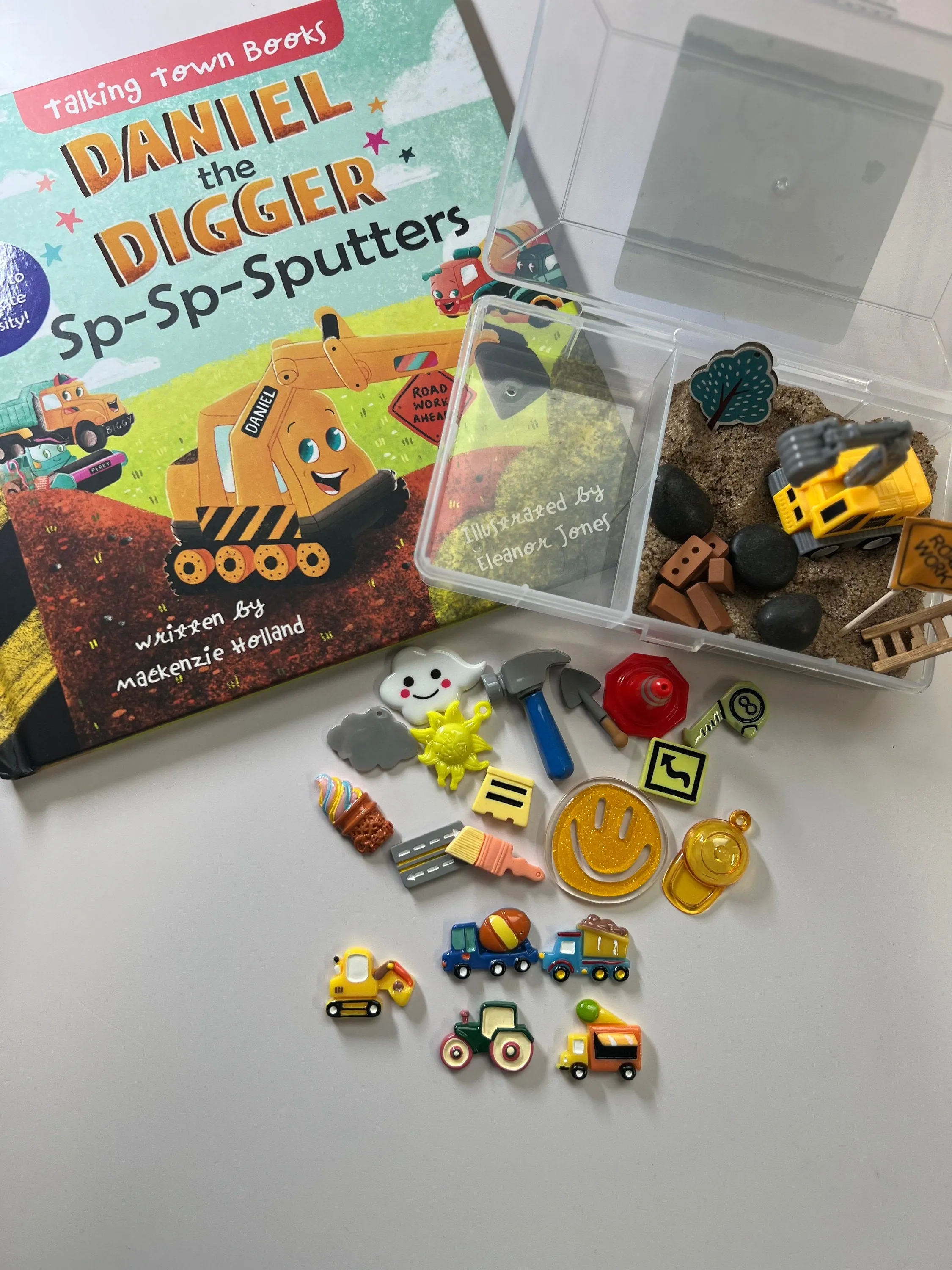 Construction Story Kit-Daniel the Digger Sputters-Stuttering Awareness Book-Story Objects-Story Kit-Speech Therapy Mini Objects