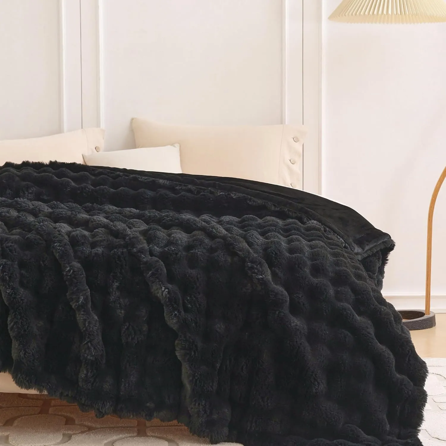 COOVA Faux Rabbit Fur & Flannel Throw Blanket 50x60 Inch - Luxury Fuzzy & Cozy Soft Blanket for All Seasons, Breathable and Comfortable for Bed, Sofa, Couch, and Camping,Black