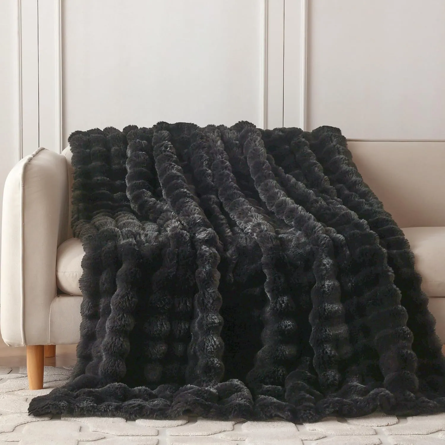 COOVA Faux Rabbit Fur & Flannel Throw Blanket 50x60 Inch - Luxury Fuzzy & Cozy Soft Blanket for All Seasons, Breathable and Comfortable for Bed, Sofa, Couch, and Camping,Black