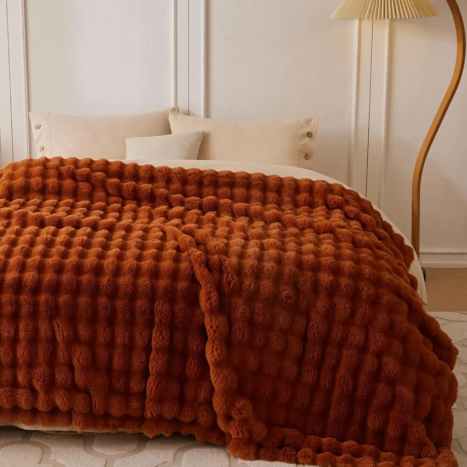 COOVA Faux Rabbit Fur & Flannel Throw Blanket 50x60 Inch - Luxury Fuzzy & Cozy Soft Blanket for All Seasons, Breathable and Comfortable for Bed, Sofa, Couch, and Camping,Brown