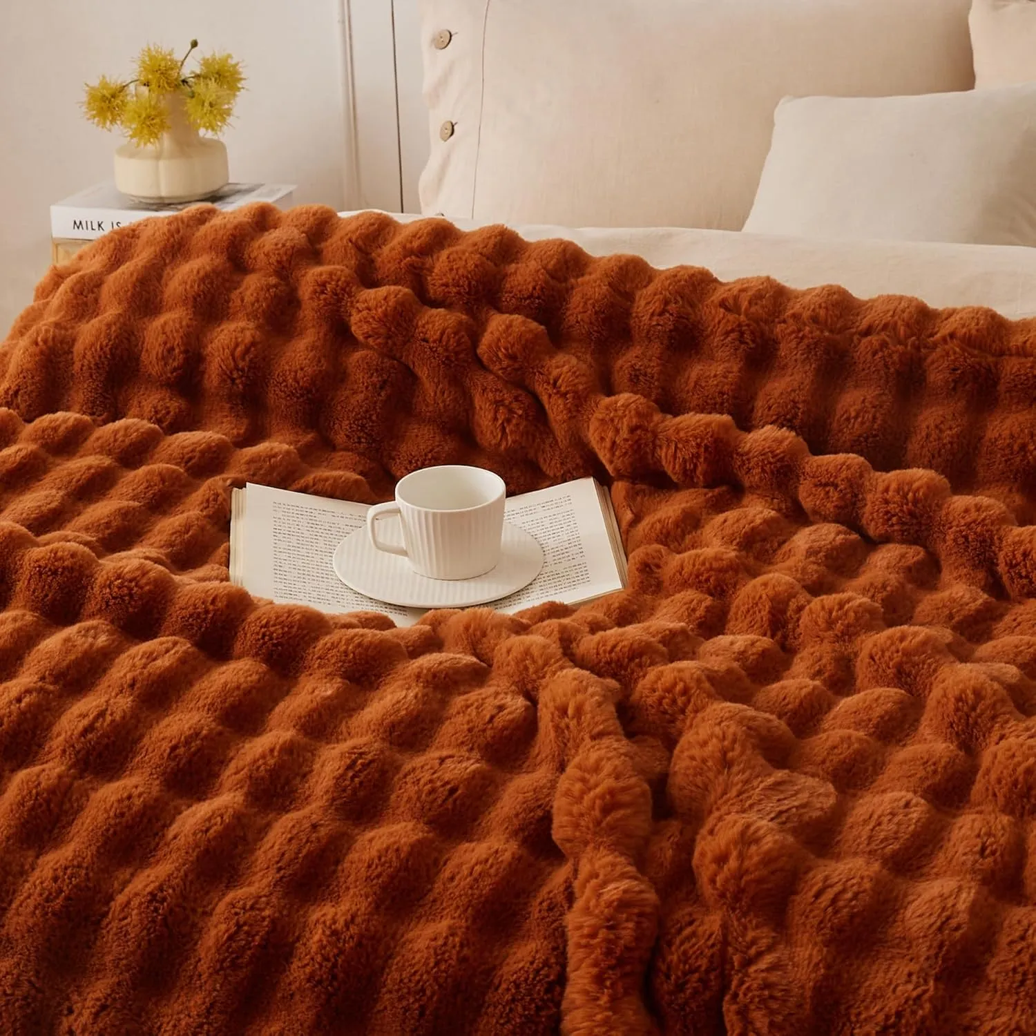COOVA Faux Rabbit Fur & Flannel Throw Blanket 50x60 Inch - Luxury Fuzzy & Cozy Soft Blanket for All Seasons, Breathable and Comfortable for Bed, Sofa, Couch, and Camping,Brown