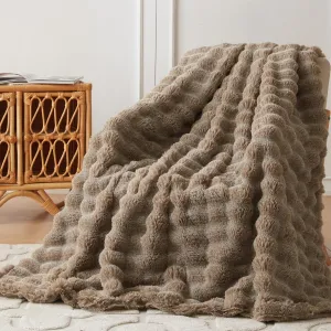 COOVA Faux Rabbit Fur & Flannel Throw Blanket 50x60 Inch - Luxury Fuzzy & Cozy Soft Blanket for All Seasons, Breathable and Comfortable for Bed, Sofa, Couch, and Camping,Cationic Brown