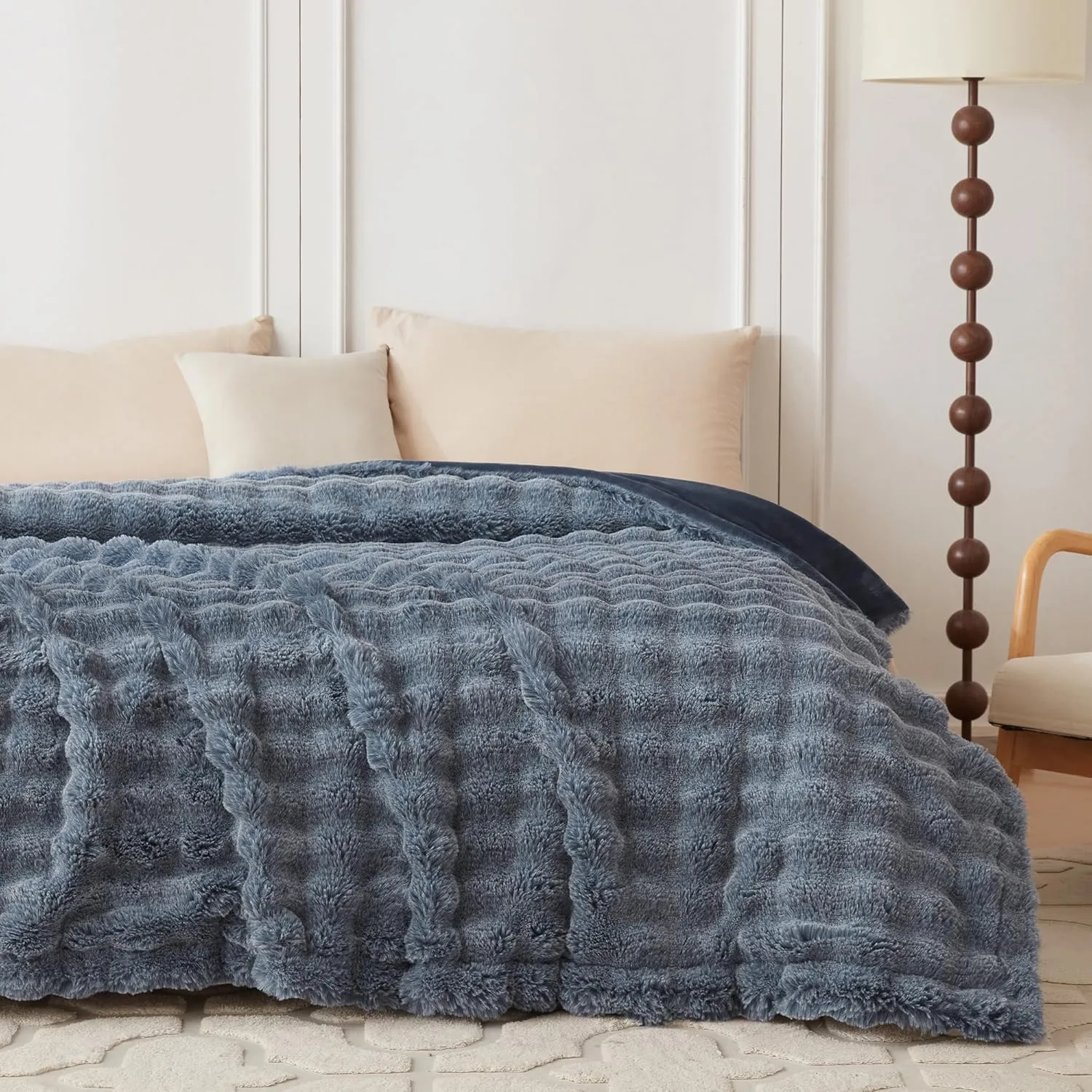COOVA Faux Rabbit Fur & Flannel Throw Blanket 50x60 Inch - Luxury Fuzzy & Cozy Soft Blanket for All Seasons, Breathable and Comfortable for Bed, Sofa, Couch, and Camping,Cationic Dark Blue