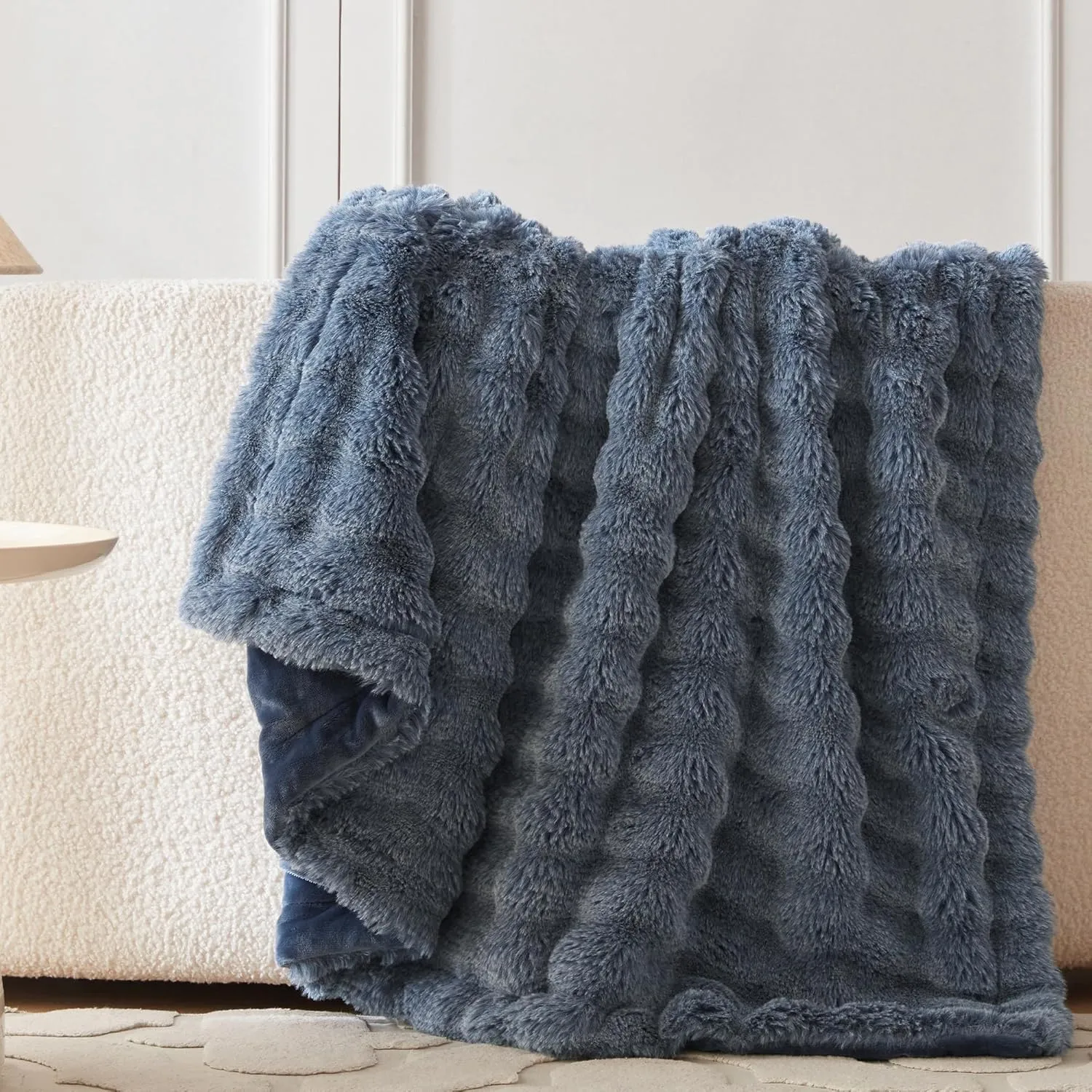 COOVA Faux Rabbit Fur & Flannel Throw Blanket 50x60 Inch - Luxury Fuzzy & Cozy Soft Blanket for All Seasons, Breathable and Comfortable for Bed, Sofa, Couch, and Camping,Cationic Dark Blue