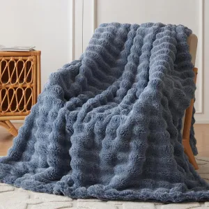 COOVA Faux Rabbit Fur & Flannel Throw Blanket 50x60 Inch - Luxury Fuzzy & Cozy Soft Blanket for All Seasons, Breathable and Comfortable for Bed, Sofa, Couch, and Camping,Cationic Dark Blue