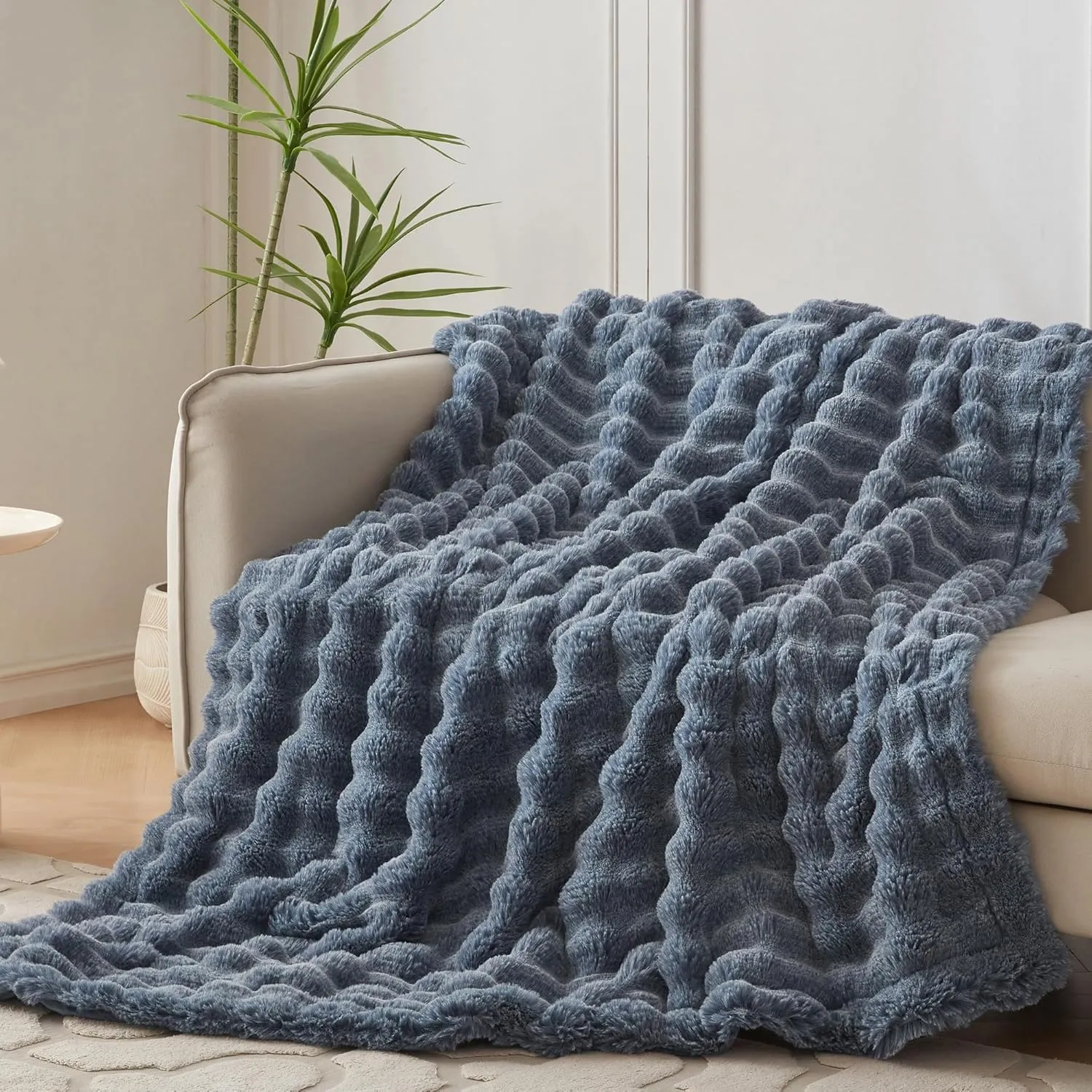 COOVA Faux Rabbit Fur & Flannel Throw Blanket 50x60 Inch - Luxury Fuzzy & Cozy Soft Blanket for All Seasons, Breathable and Comfortable for Bed, Sofa, Couch, and Camping,Cationic Dark Blue
