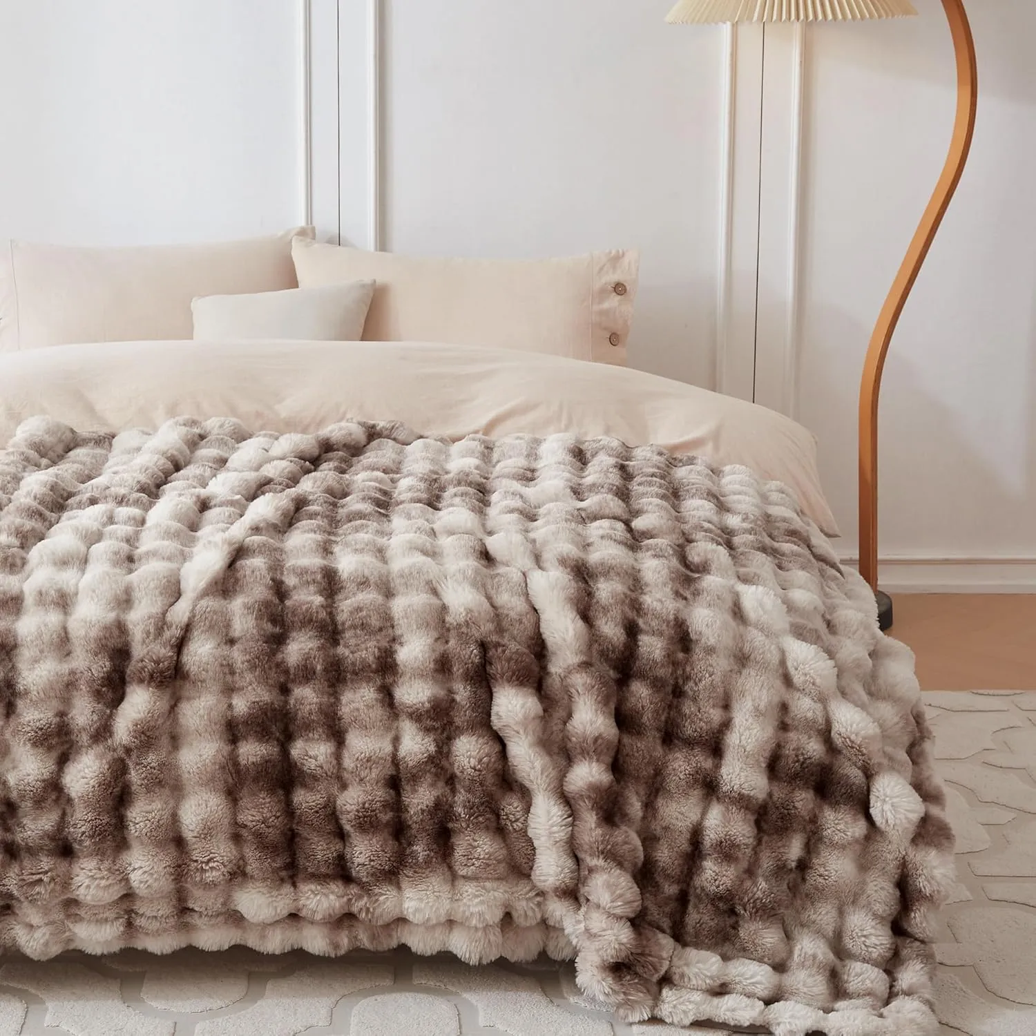 COOVA Faux Rabbit Fur & Flannel Throw Blanket 60x80 Inch - Luxury Fuzzy & Cozy Soft Twin Size Blanket for All Seasons, Breathable and Comfortable for Bed, Couch, and Camping,Tie Dye Brown