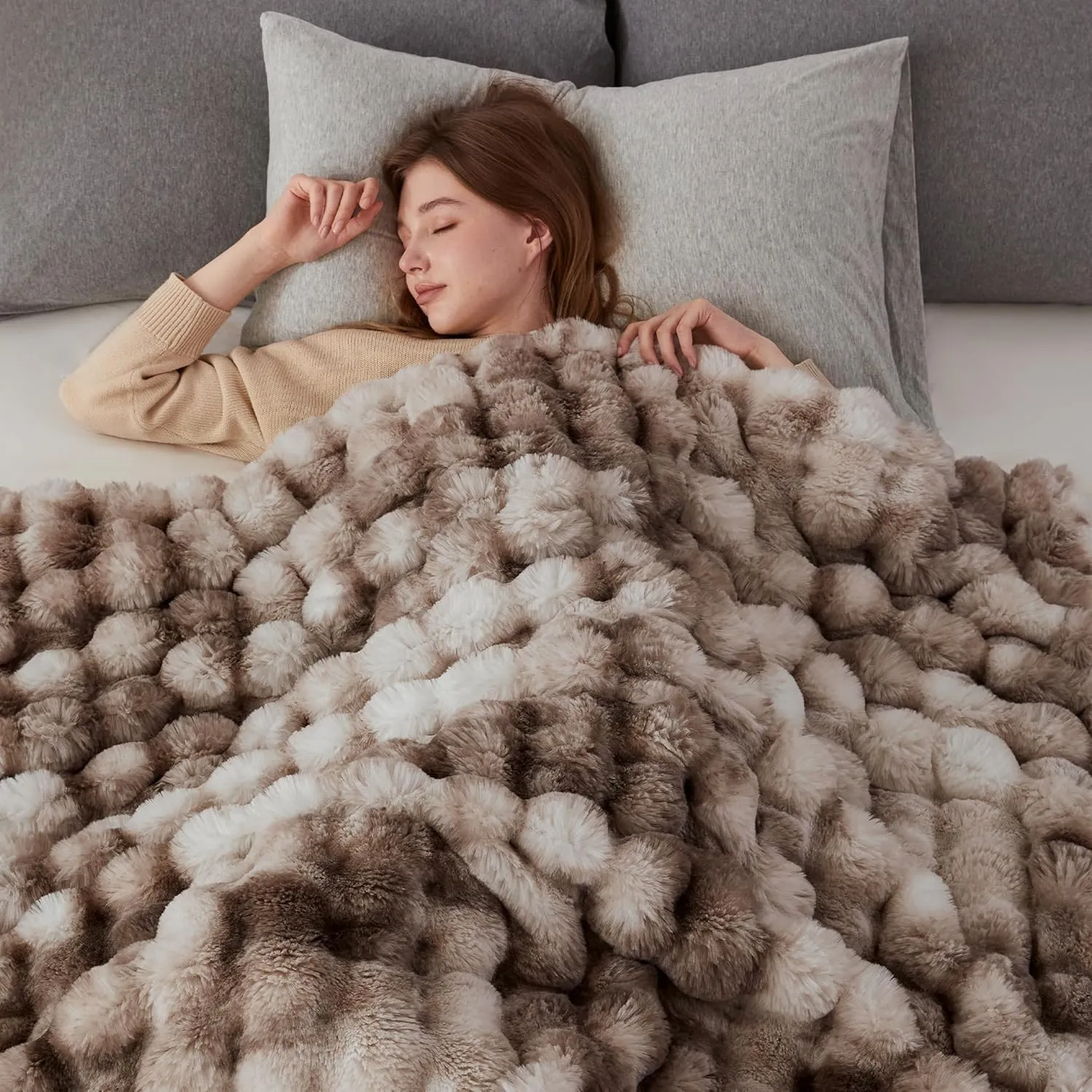 COOVA Faux Rabbit Fur & Flannel Throw Blanket 60x80 Inch - Luxury Fuzzy & Cozy Soft Twin Size Blanket for All Seasons, Breathable and Comfortable for Bed, Couch, and Camping,Tie Dye Brown