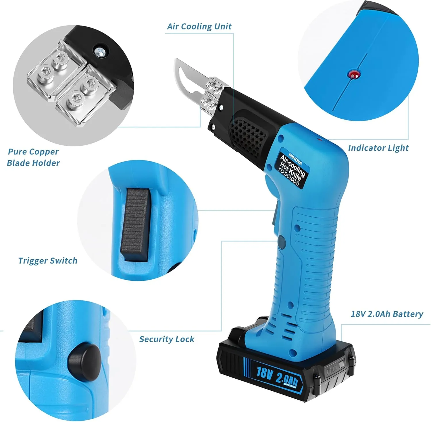 Cordless Air Cooling Pro Electric Hot Knife Kit, 4 Blades Fabric Cutter & Rope Cutting Tool with Heavy-Duty Case & Battery 2.0Ah 18V