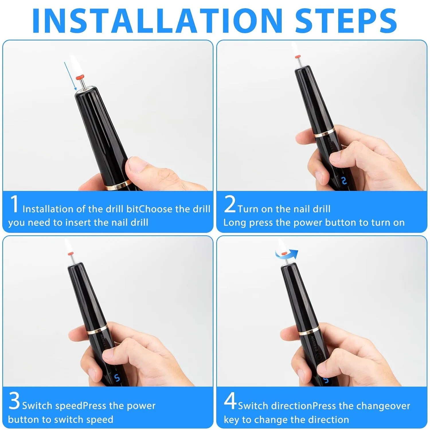 Cordless Electric Nail Drill with 360° Ring Light, Portable Nail File Kit for Acrylic, Gel Nails, Portable Home Manicure Kit for Manicure and Pedicure (Black)