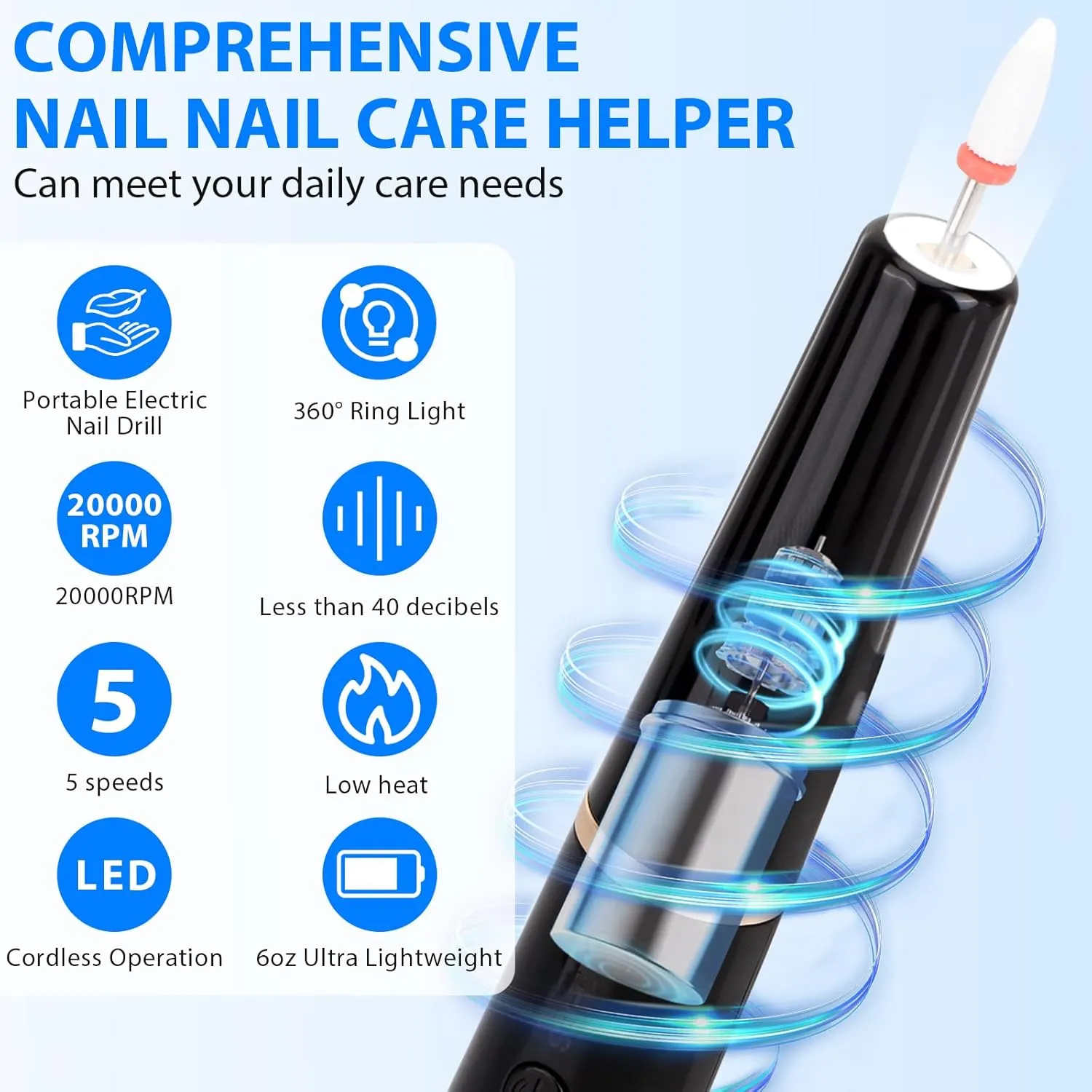 Cordless Electric Nail Drill with 360° Ring Light, Portable Nail File Kit for Acrylic, Gel Nails, Portable Home Manicure Kit for Manicure and Pedicure (Black)