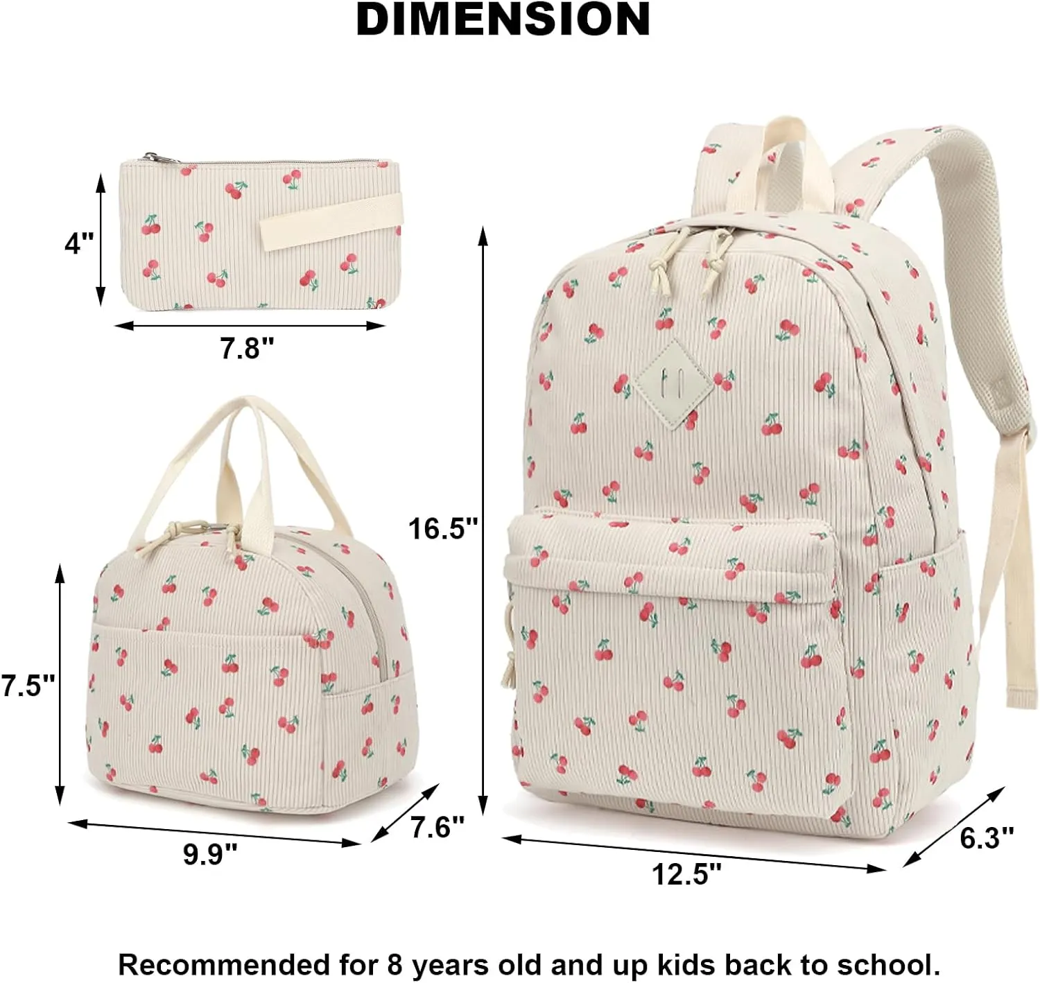 Corduroy School Backpack Girls Kids Teens School Bookbags Schoolbag Set with Lunch Box Pencil Bag (Cherry)