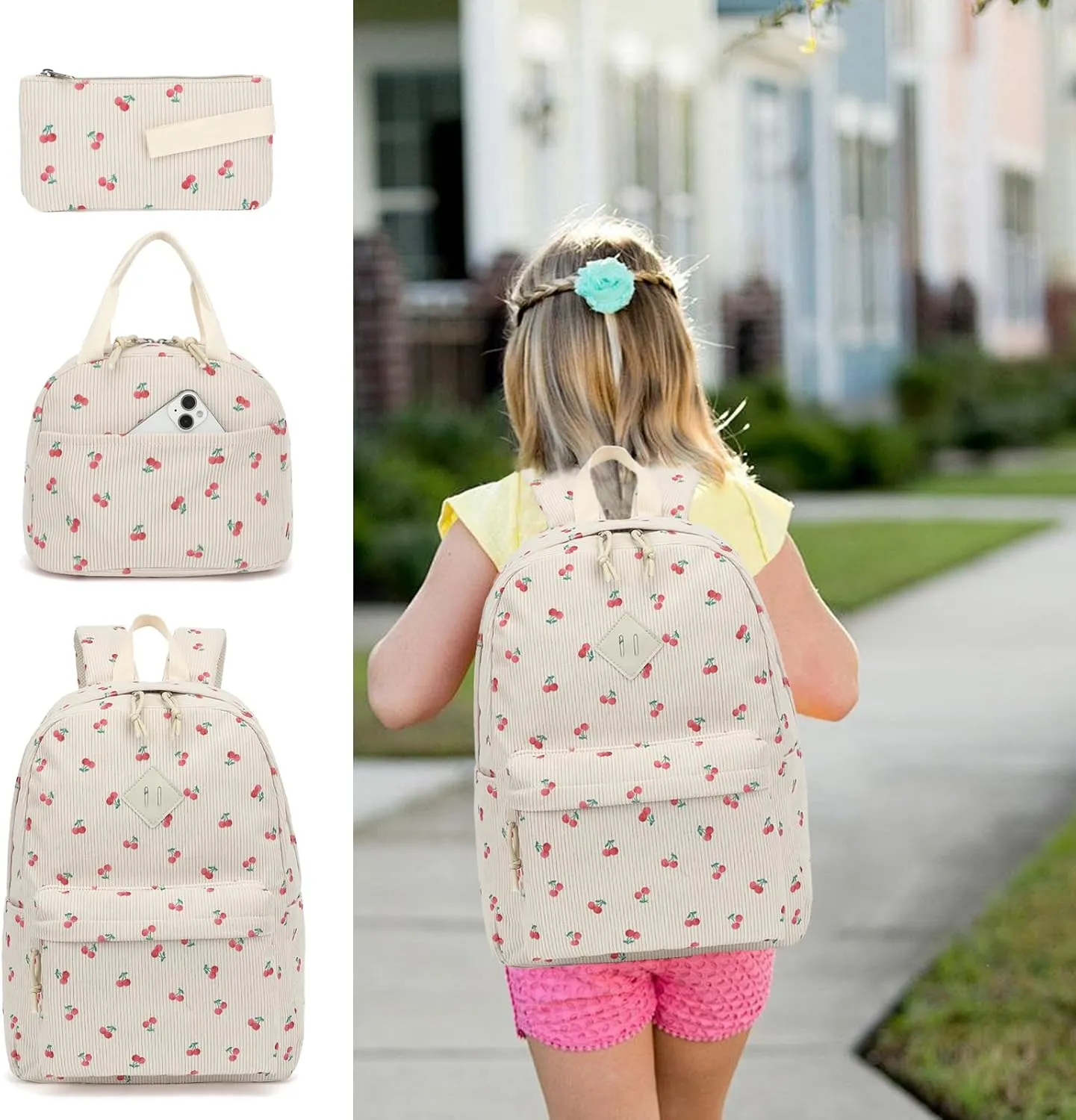 Corduroy School Backpack Girls Kids Teens School Bookbags Schoolbag Set with Lunch Box Pencil Bag (Cherry)