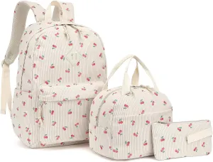 Corduroy School Backpack Girls Kids Teens School Bookbags Schoolbag Set with Lunch Box Pencil Bag (Cherry)