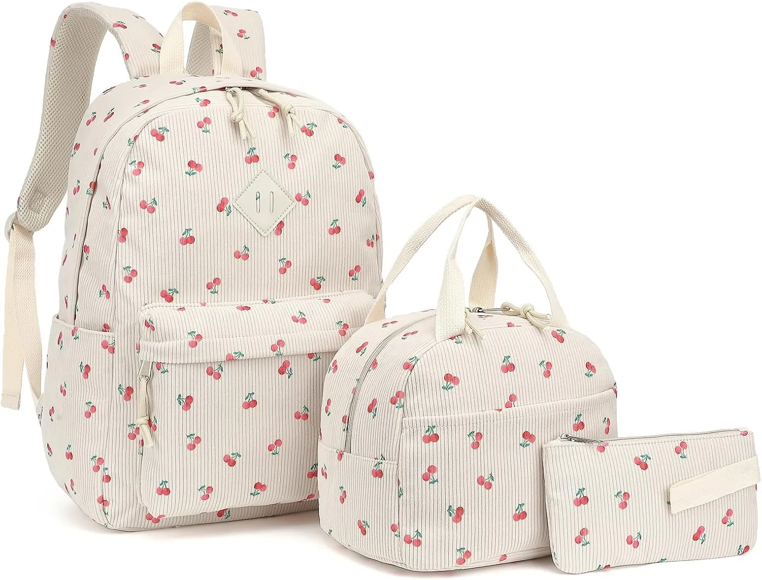 Corduroy School Backpack Girls Kids Teens School Bookbags Schoolbag Set with Lunch Box Pencil Bag (Cherry)