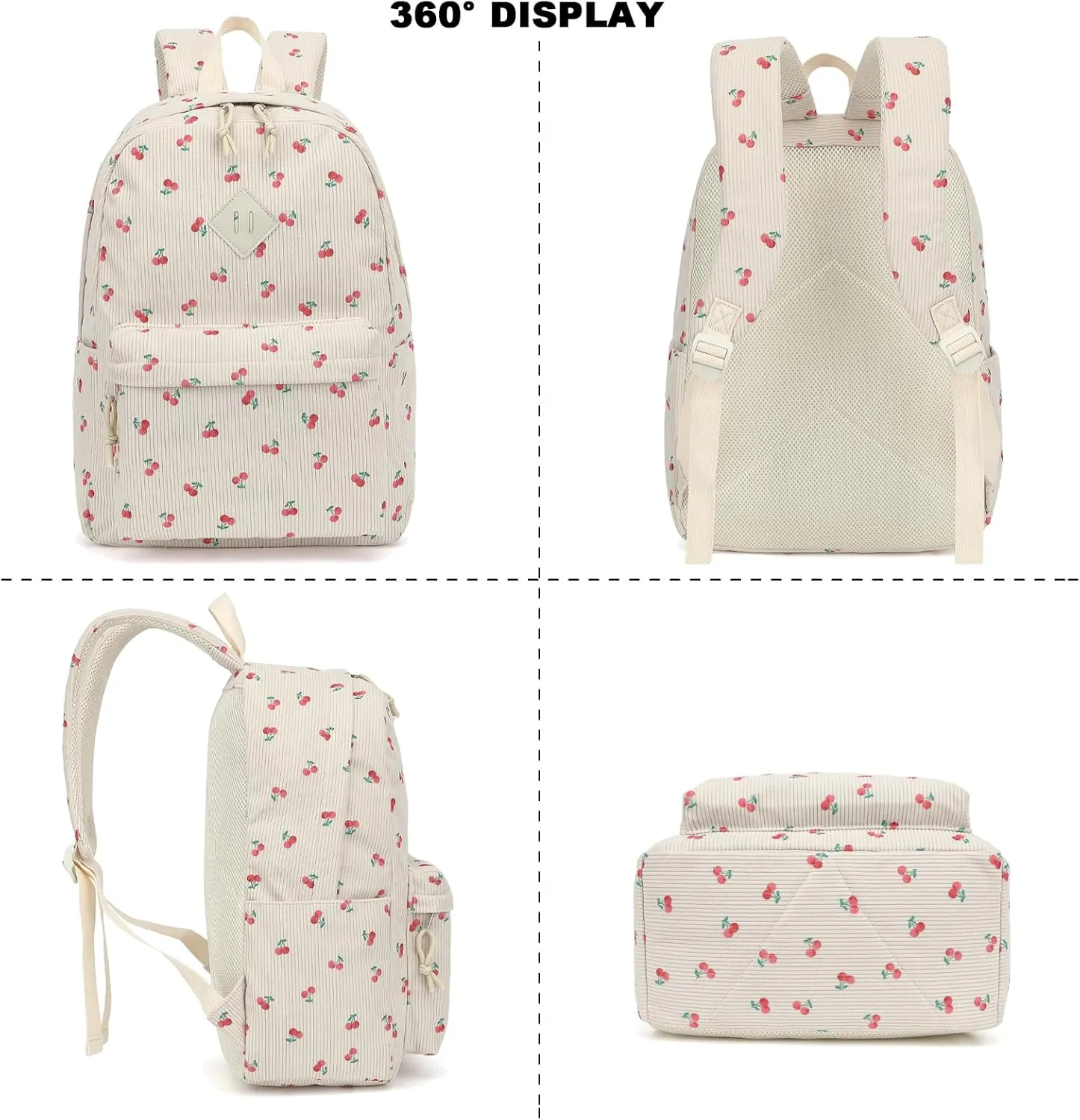 Corduroy School Backpack Girls Kids Teens School Bookbags Schoolbag Set with Lunch Box Pencil Bag (Cherry)