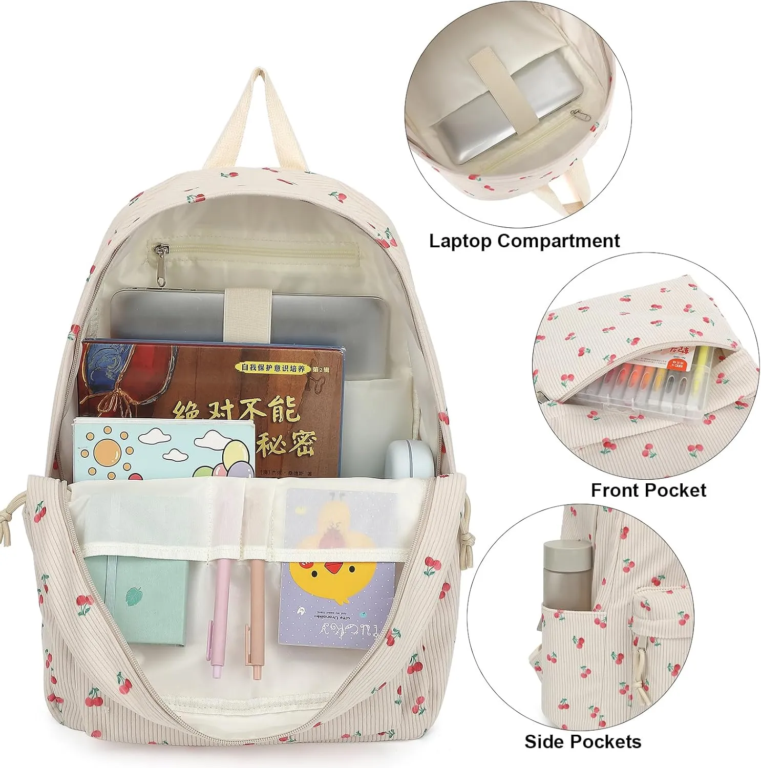 Corduroy School Backpack Girls Kids Teens School Bookbags Schoolbag Set with Lunch Box Pencil Bag (Cherry)