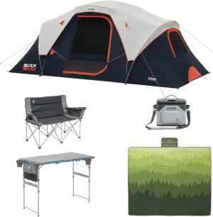 CORE Blackout 9 Person Dome Tent Bundle with Camp Table, Loveseat, Blanket, and Cooler