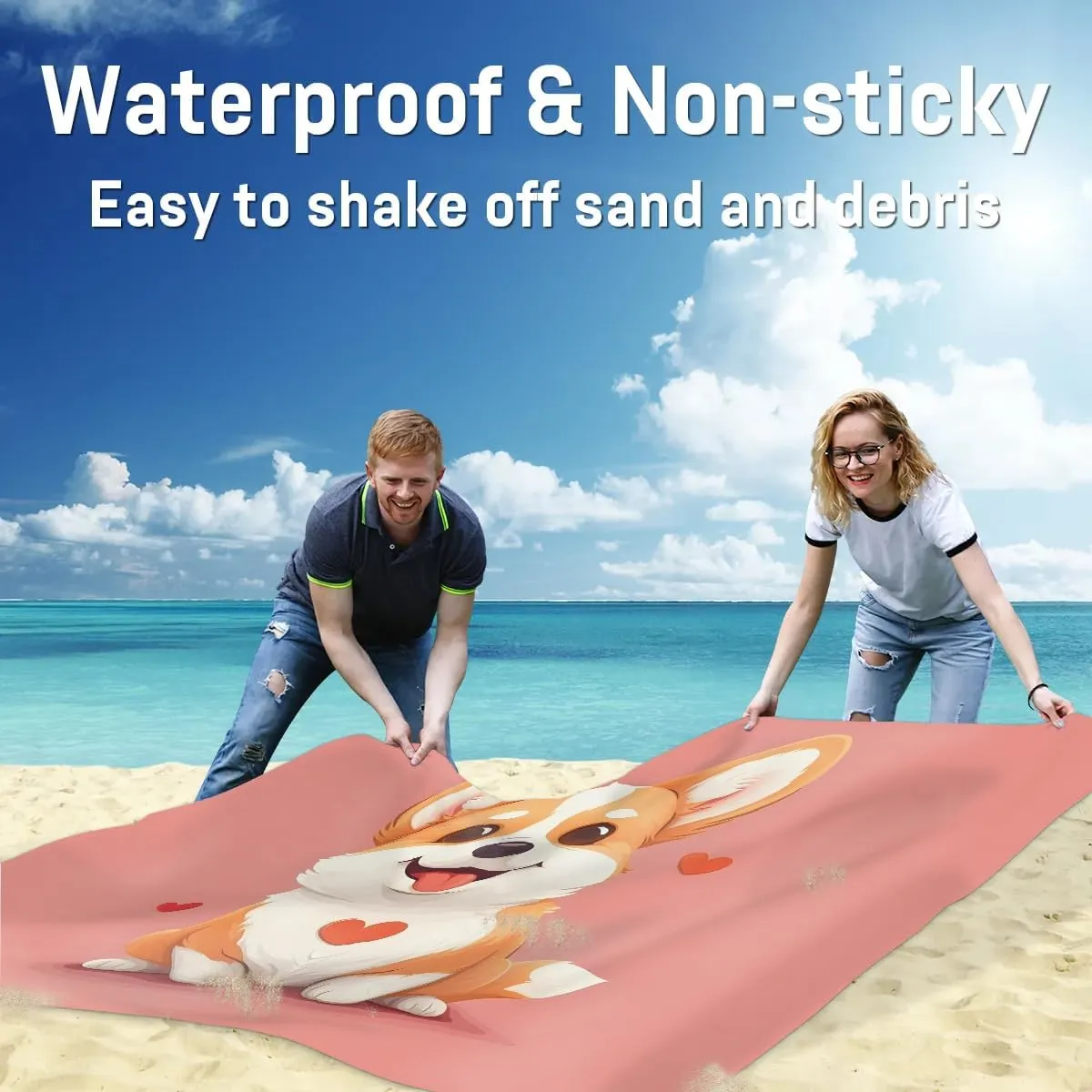 Corgi Dog Beach Blanket, Sandproof Beach Mat, 68 x 59 Waterproof Quick Drying Sand Free Mat with 4 x Ground Spikes for Outdoor Travel Camping Hiking, Cute Corgi Dog
