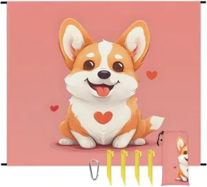 Corgi Dog Beach Blanket, Sandproof Beach Mat, 68 x 59 Waterproof Quick Drying Sand Free Mat with 4 x Ground Spikes for Outdoor Travel Camping Hiking, Cute Corgi Dog