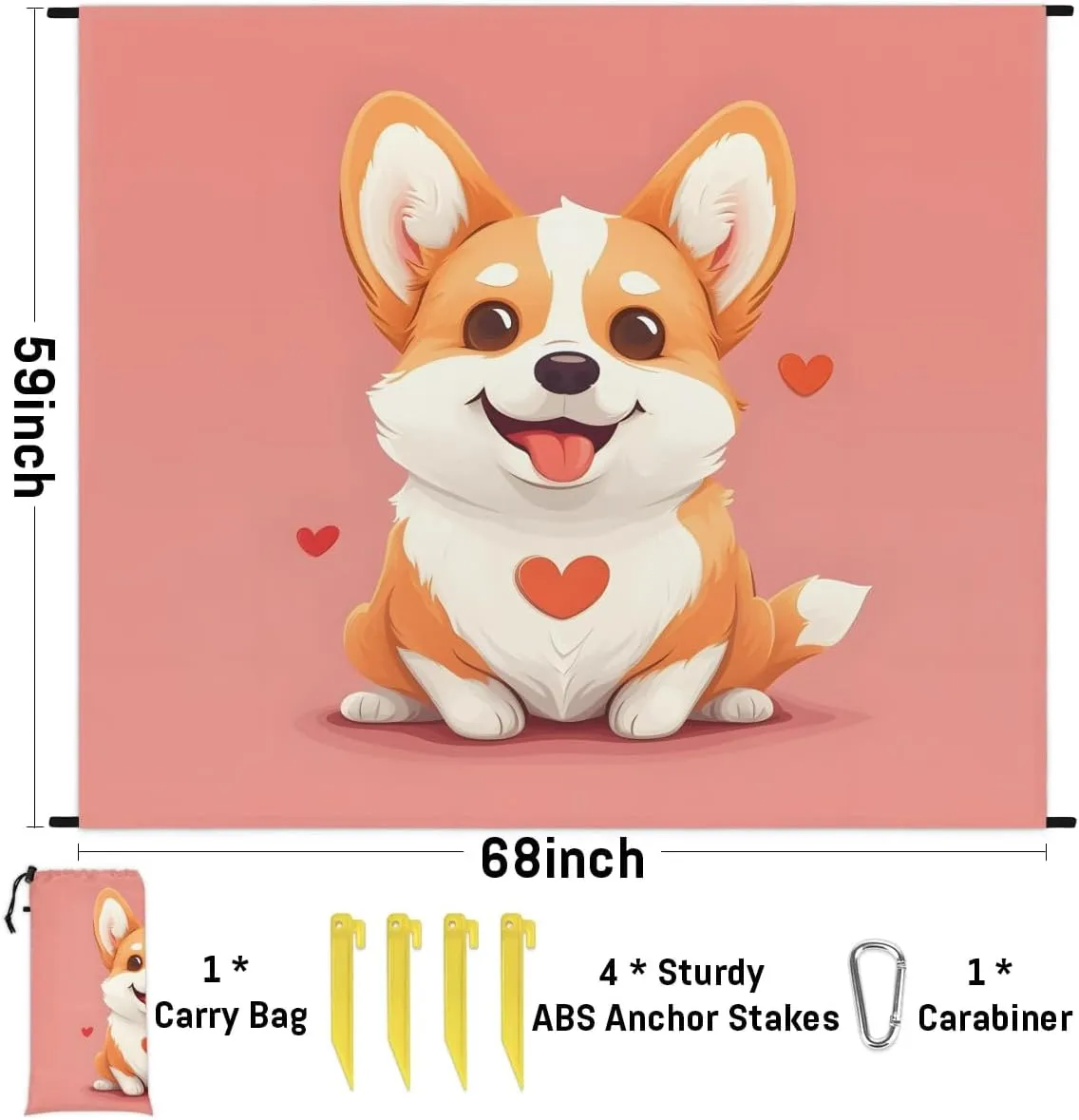 Corgi Dog Beach Blanket, Sandproof Beach Mat, 68 x 59 Waterproof Quick Drying Sand Free Mat with 4 x Ground Spikes for Outdoor Travel Camping Hiking, Cute Corgi Dog