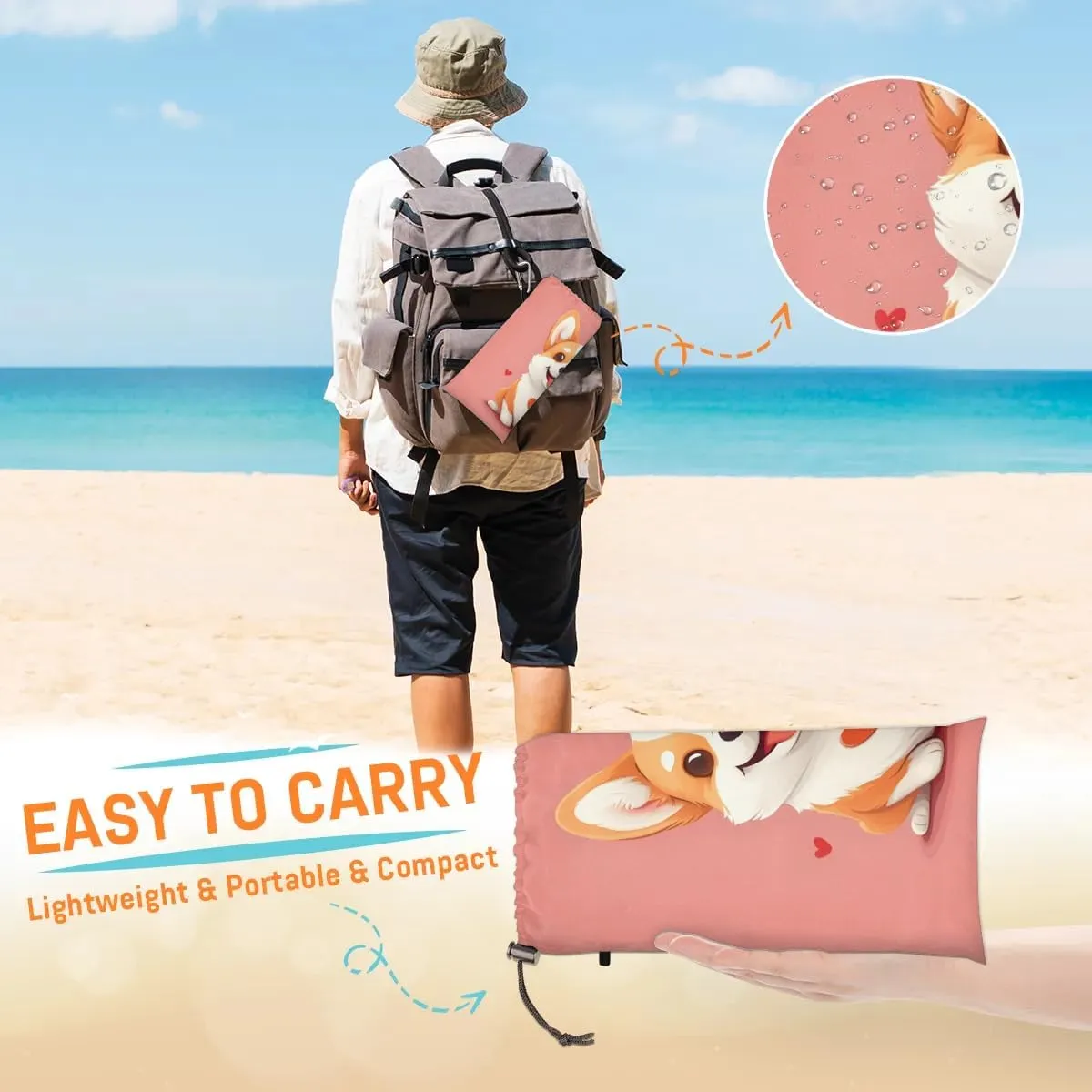 Corgi Dog Beach Blanket, Sandproof Beach Mat, 68 x 59 Waterproof Quick Drying Sand Free Mat with 4 x Ground Spikes for Outdoor Travel Camping Hiking, Cute Corgi Dog