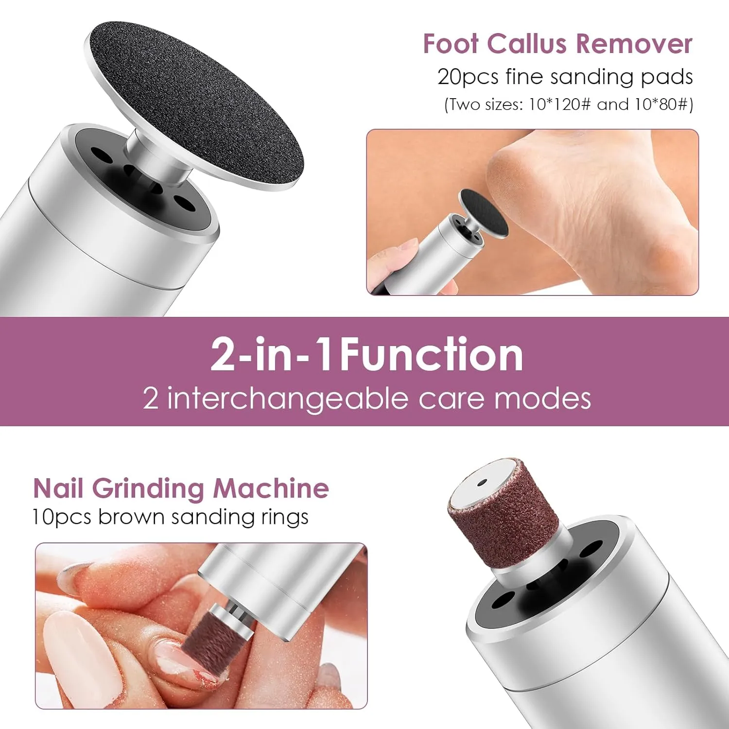 COSCOSY Electric Callus Remover for Feet, Professional 9-Speed Adjustable Foot File Rechargeable Portable 2-in-1 Dead Skin Exfoliator & Nail Grinder Kit Lightweight for Home Pedicure (Silver)