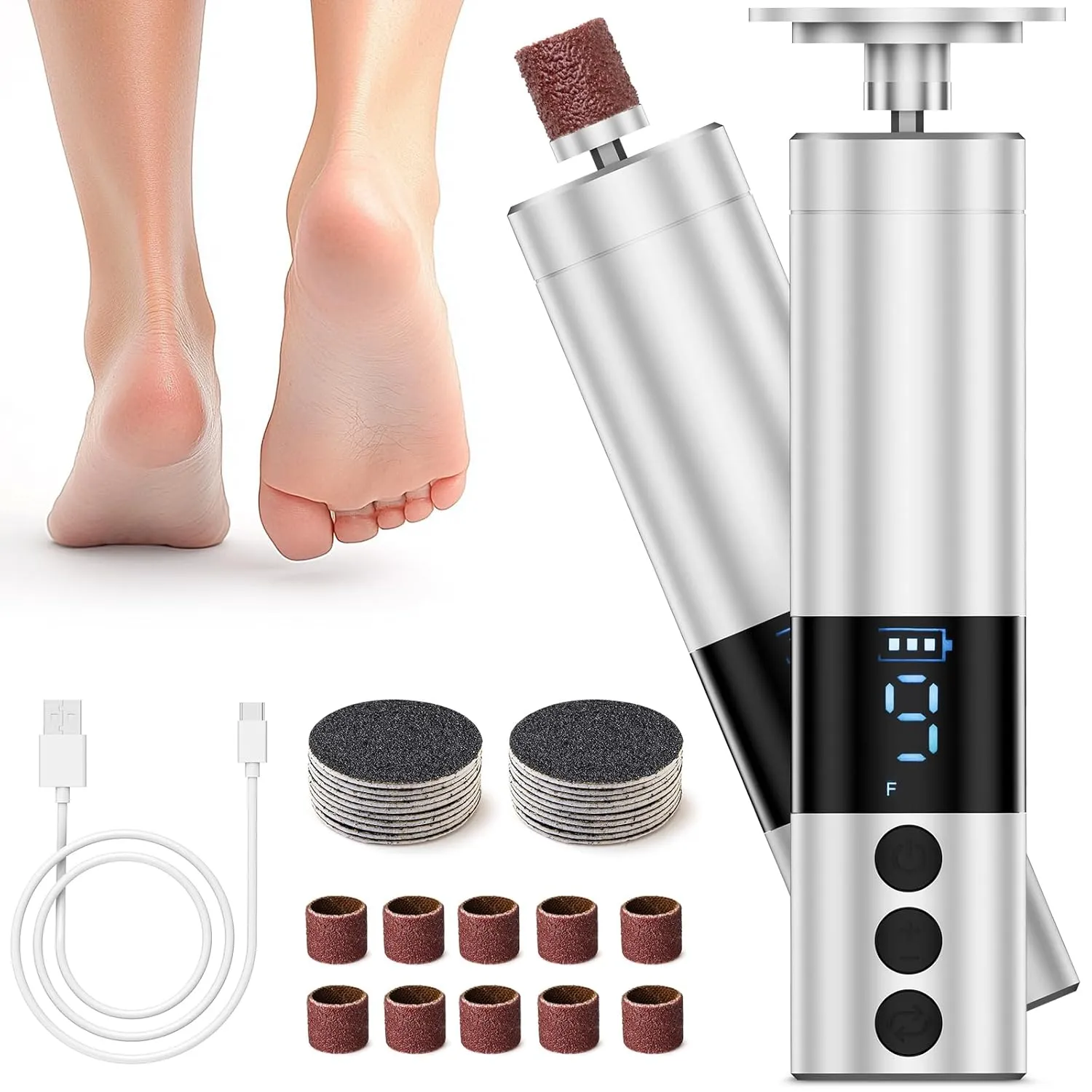 COSCOSY Electric Callus Remover for Feet, Professional 9-Speed Adjustable Foot File Rechargeable Portable 2-in-1 Dead Skin Exfoliator & Nail Grinder Kit Lightweight for Home Pedicure (Silver)