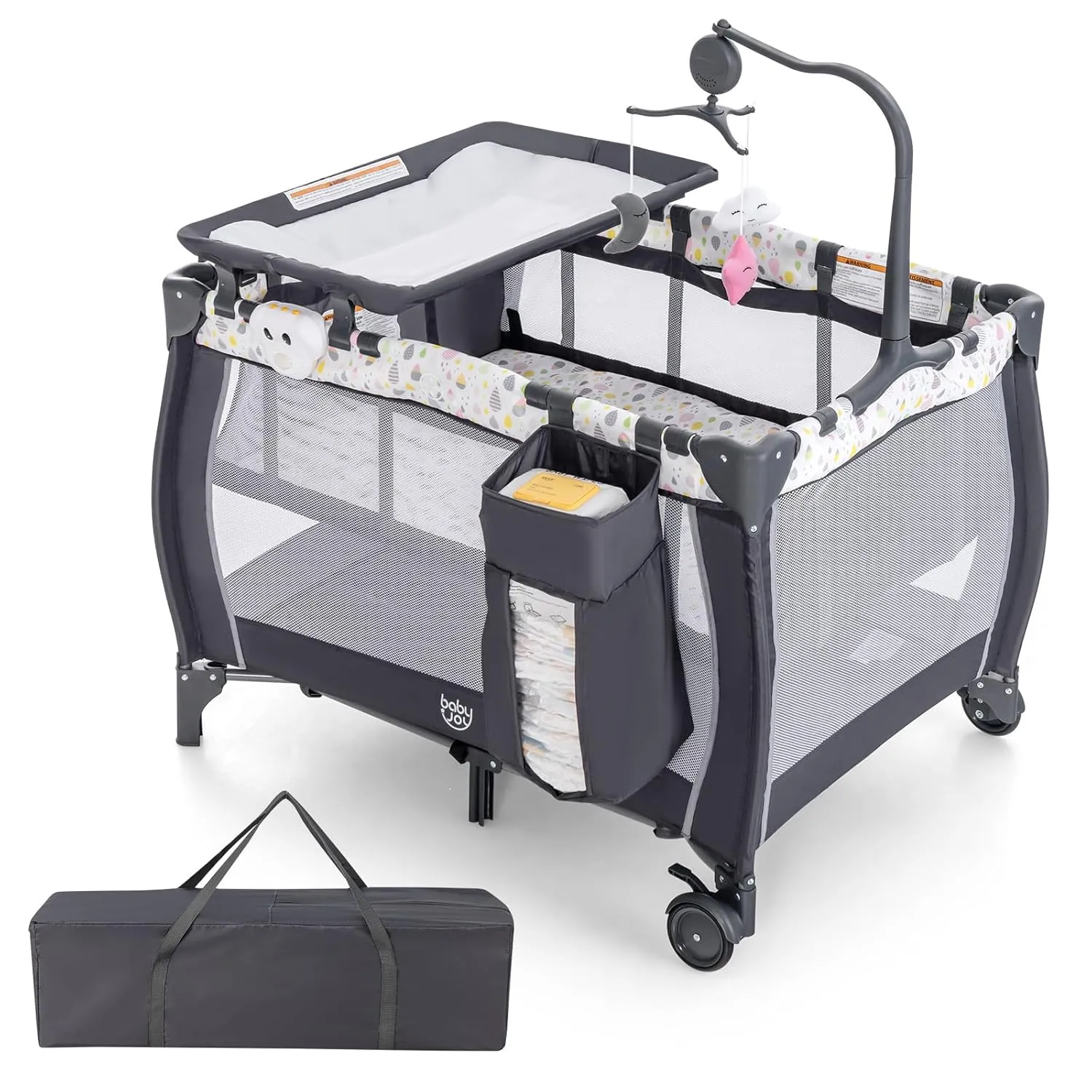 Costzon 3 in 1 Pack and Play with Bassinet, Portable Baby Playard with Changing Table, Bassinet, Music Box, Whirling Toys, Wheels/Brake, Large Basket, Bag (Grey   Water Drop)