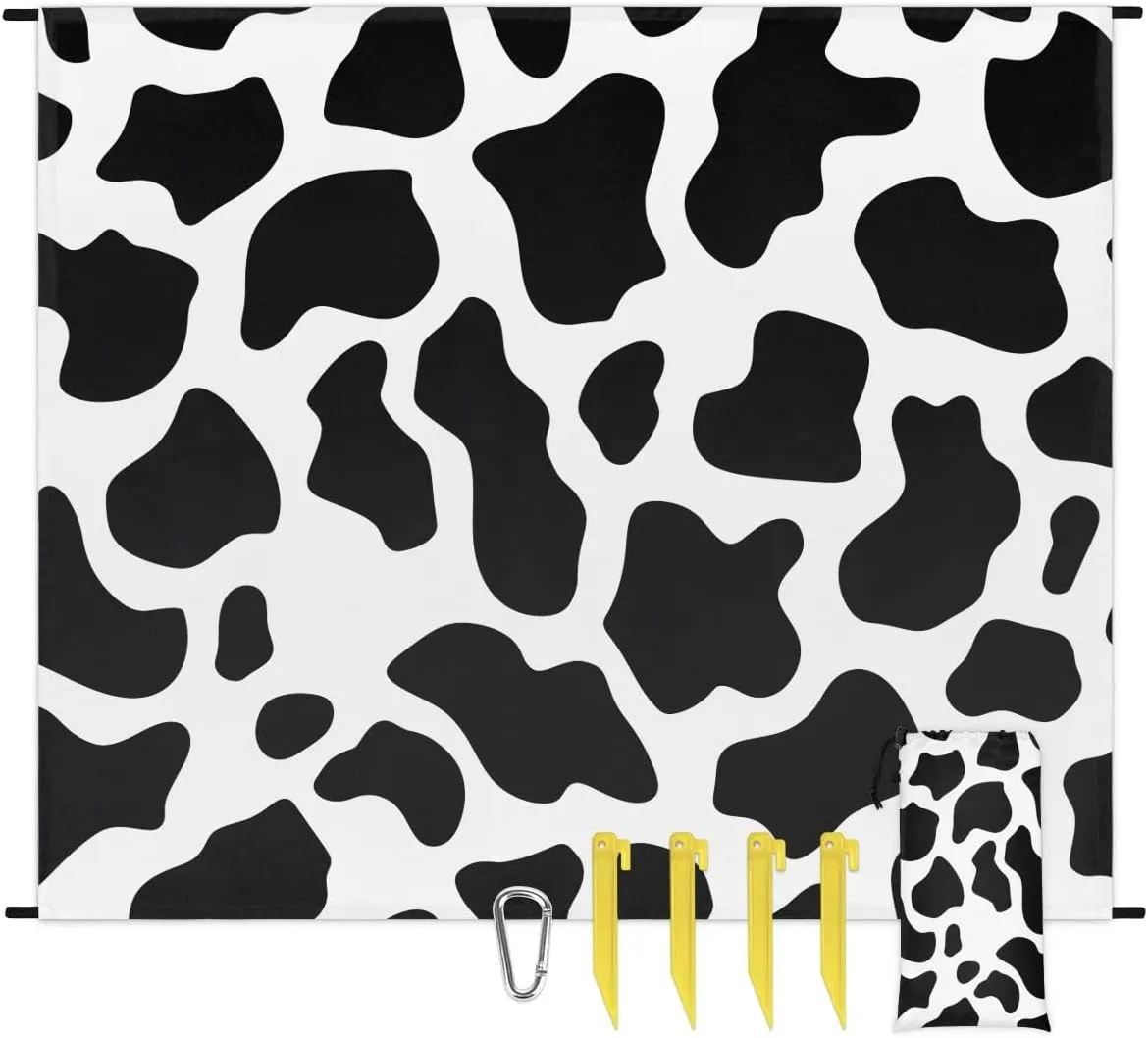Cow Print Beach Blanket, Sandproof Beach Mat, 68 x 59 Waterproof Quick Drying Sand Free Mat with 4 x Ground Spikes for Outdoor Travel Camping Hiking, Cow Print