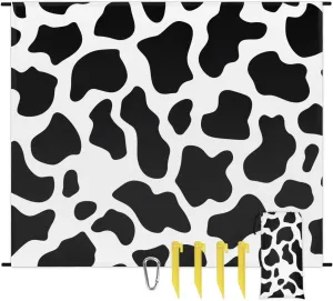 Cow Print Beach Blanket, Sandproof Beach Mat, 68 x 59 Waterproof Quick Drying Sand Free Mat with 4 x Ground Spikes for Outdoor Travel Camping Hiking, Cow Print