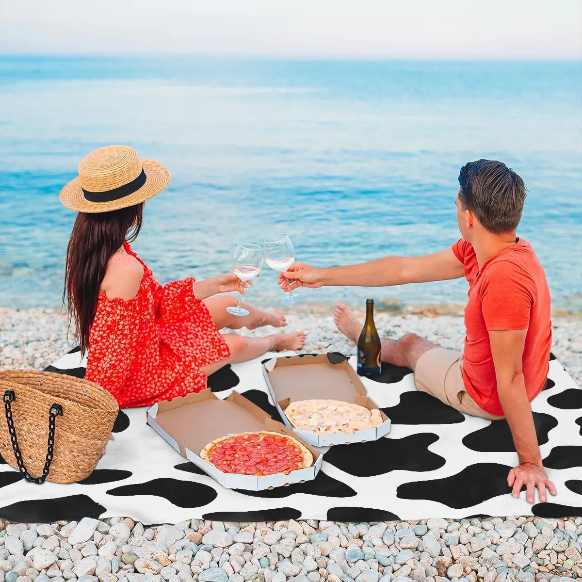 Cow Print Beach Blanket, Sandproof Beach Mat, 68 x 59 Waterproof Quick Drying Sand Free Mat with 4 x Ground Spikes for Outdoor Travel Camping Hiking, Cow Print