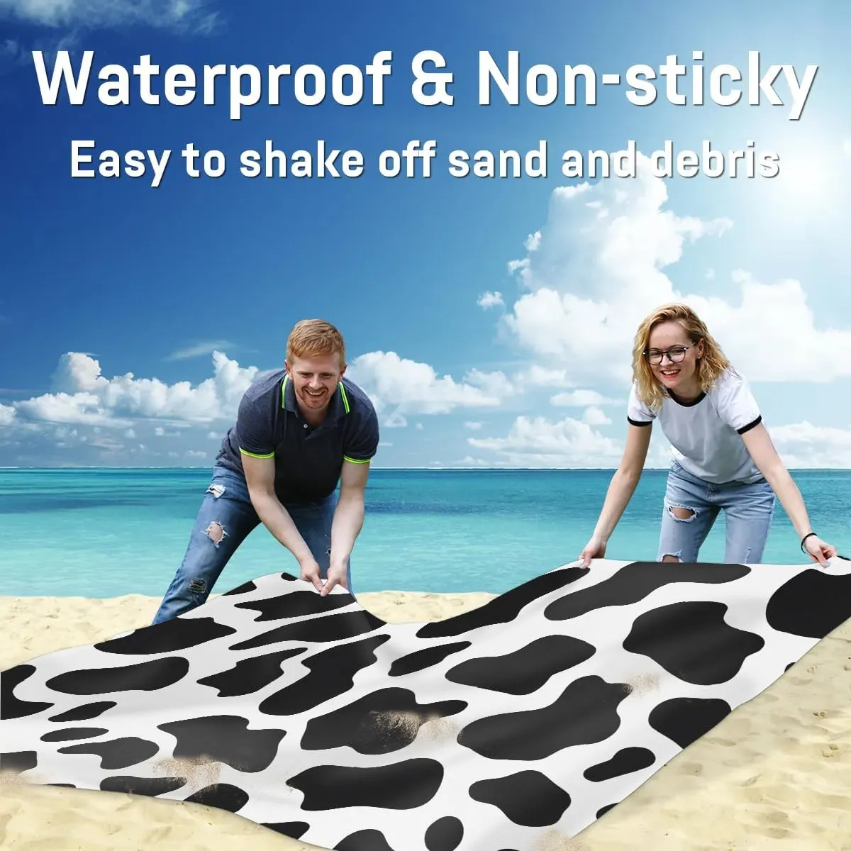 Cow Print Beach Blanket, Sandproof Beach Mat, 68 x 59 Waterproof Quick Drying Sand Free Mat with 4 x Ground Spikes for Outdoor Travel Camping Hiking, Cow Print