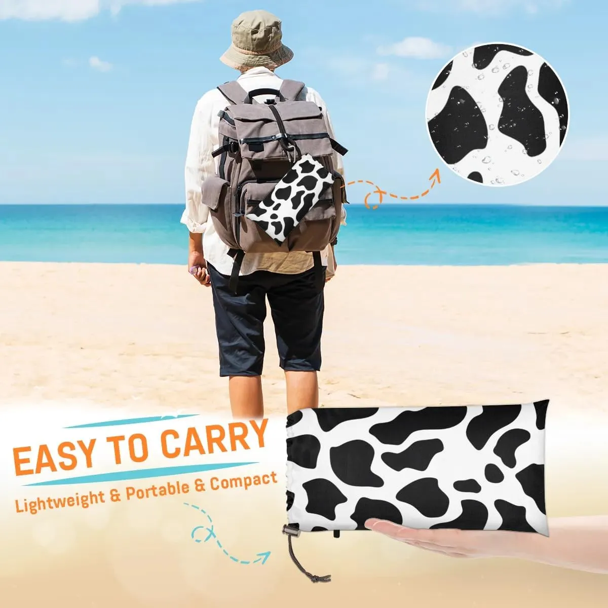 Cow Print Beach Blanket, Sandproof Beach Mat, 68 x 59 Waterproof Quick Drying Sand Free Mat with 4 x Ground Spikes for Outdoor Travel Camping Hiking, Cow Print