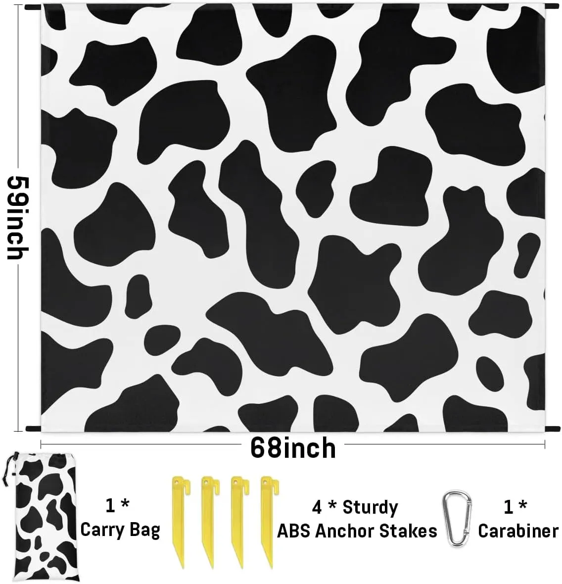 Cow Print Beach Blanket, Sandproof Beach Mat, 68 x 59 Waterproof Quick Drying Sand Free Mat with 4 x Ground Spikes for Outdoor Travel Camping Hiking, Cow Print