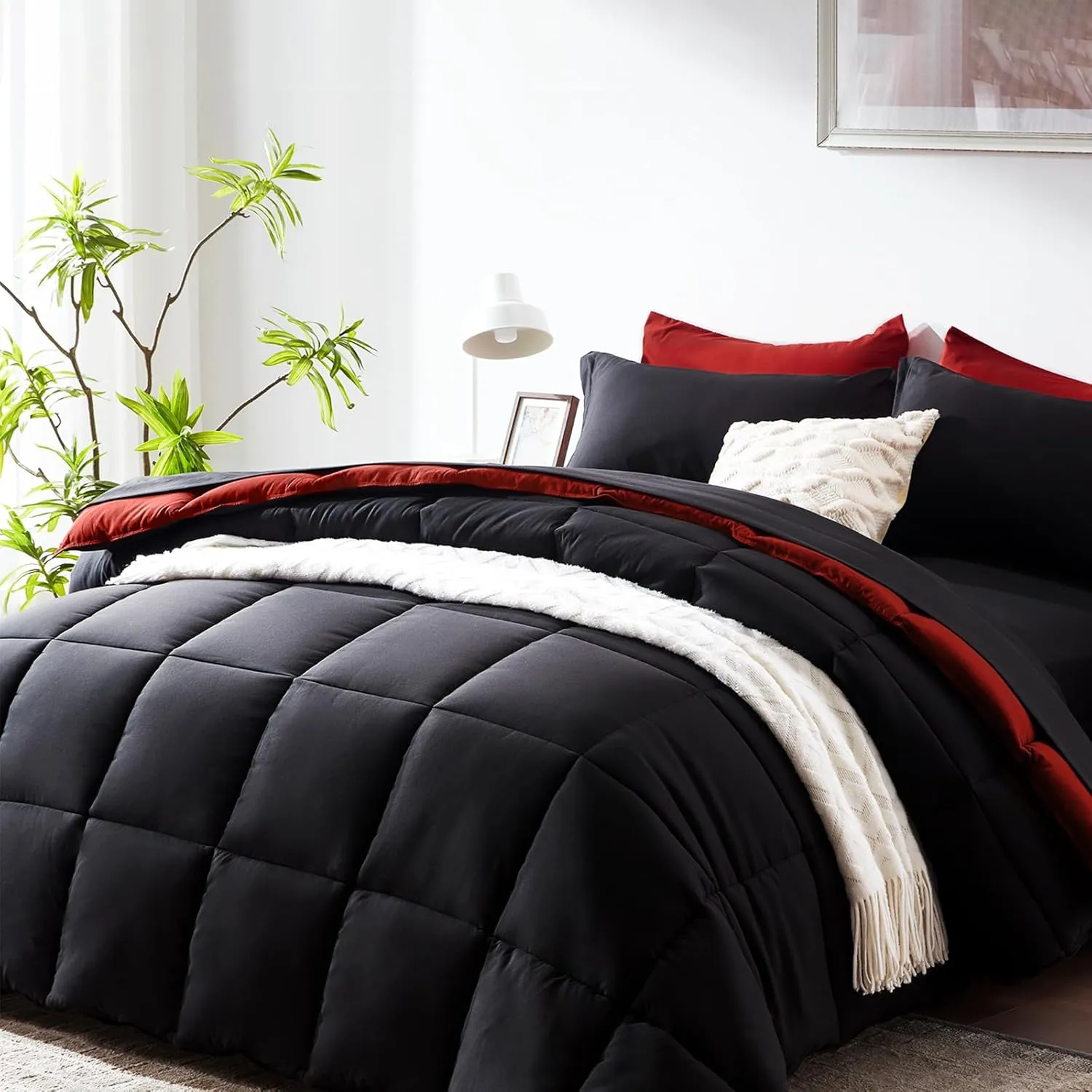 COZYART Full Comforter Set 7 Pcs, Black and Red Bed in a Bag, All Season Lightweight Soft Reversible Bedding Sets, 1 Comforter, 1 Flat Sheet, 1 Fitted Sheet, 2 Pillow Shams, 2 Pillowcases