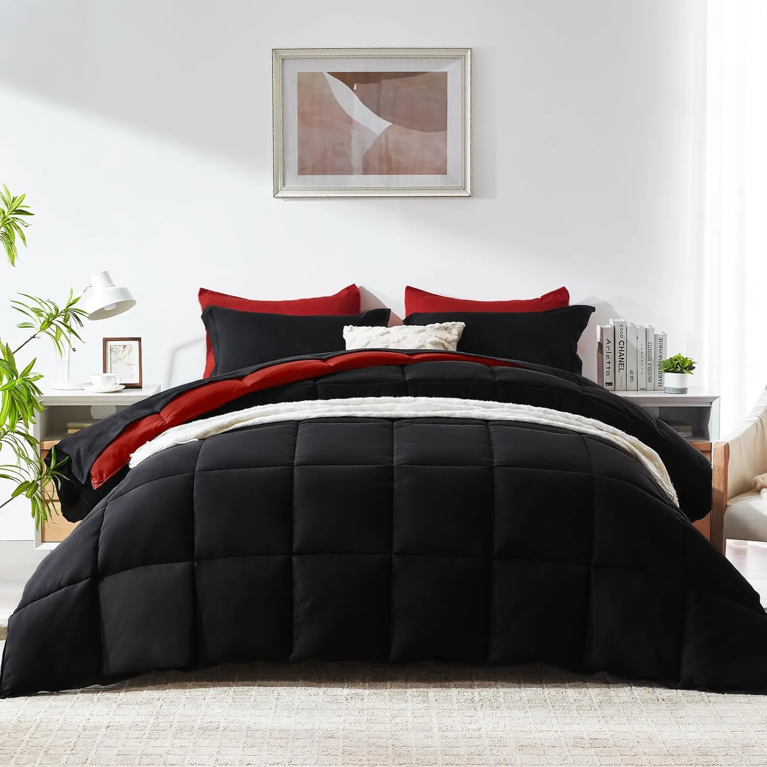 COZYART Full Comforter Set 7 Pcs, Black and Red Bed in a Bag, All Season Lightweight Soft Reversible Bedding Sets, 1 Comforter, 1 Flat Sheet, 1 Fitted Sheet, 2 Pillow Shams, 2 Pillowcases