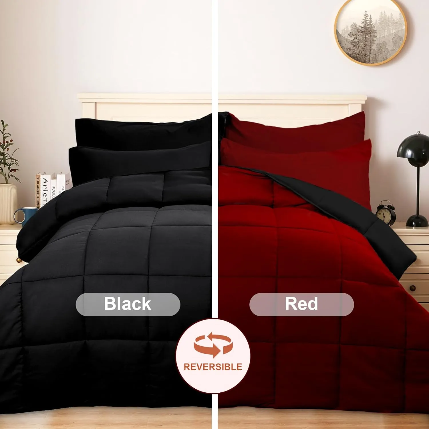 COZYART Full Comforter Set 7 Pcs, Black and Red Bed in a Bag, All Season Lightweight Soft Reversible Bedding Sets, 1 Comforter, 1 Flat Sheet, 1 Fitted Sheet, 2 Pillow Shams, 2 Pillowcases