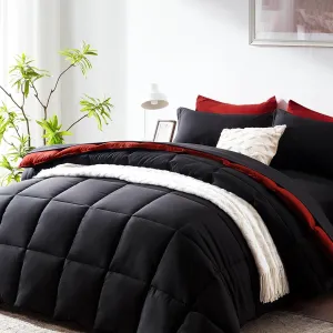 COZYART Full Comforter Set 7 Pcs, Black and Red Bed in a Bag, All Season Lightweight Soft Reversible Bedding Sets, 1 Comforter, 1 Flat Sheet, 1 Fitted Sheet, 2 Pillow Shams, 2 Pillowcases