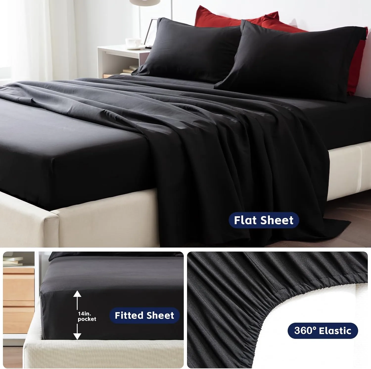 COZYART Full Comforter Set 7 Pcs, Black and Red Bed in a Bag, All Season Lightweight Soft Reversible Bedding Sets, 1 Comforter, 1 Flat Sheet, 1 Fitted Sheet, 2 Pillow Shams, 2 Pillowcases
