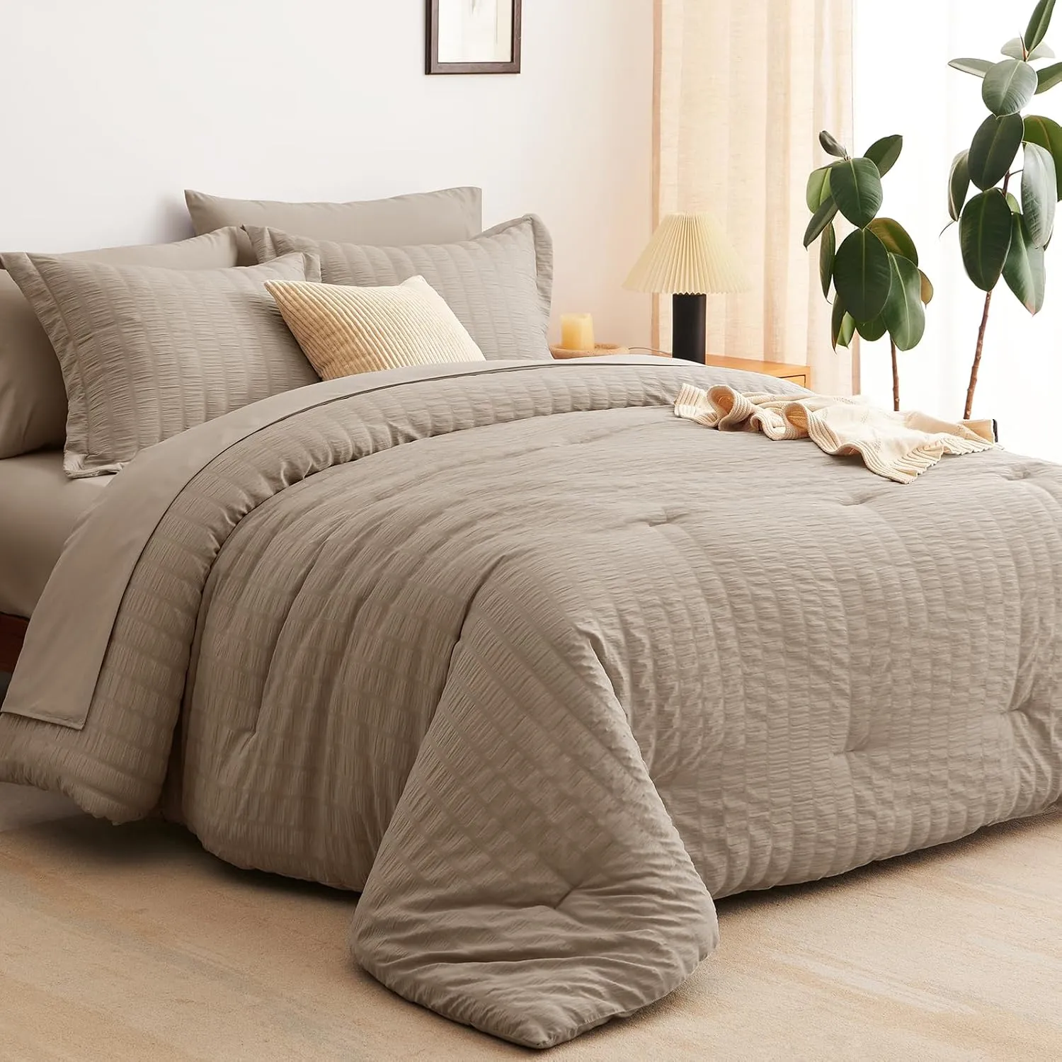 CozyLux Queen Seersucker Comforter Set with Khaki Bed in a Bag 7-Pieces All Season Bedding Sets with Comforter, Pillow Sham, Flat Sheet, Fitted Sheet, Pillowcase