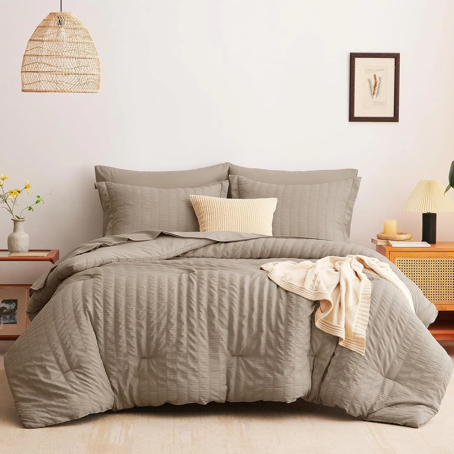 CozyLux Queen Seersucker Comforter Set with Khaki Bed in a Bag 7-Pieces All Season Bedding Sets with Comforter, Pillow Sham, Flat Sheet, Fitted Sheet, Pillowcase