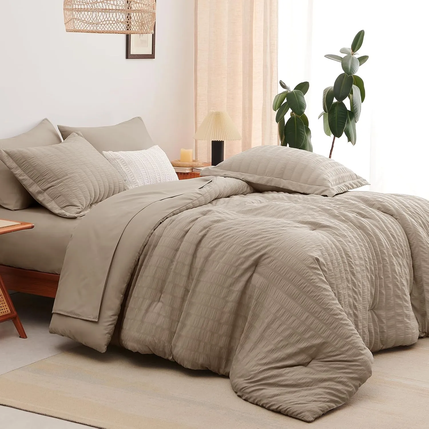CozyLux Queen Seersucker Comforter Set with Khaki Bed in a Bag 7-Pieces All Season Bedding Sets with Comforter, Pillow Sham, Flat Sheet, Fitted Sheet, Pillowcase