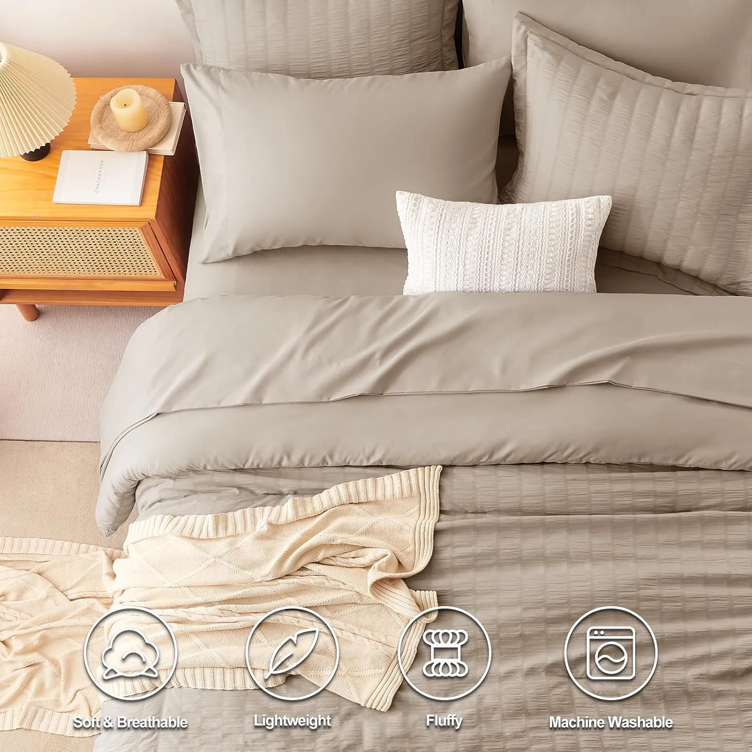 CozyLux Queen Seersucker Comforter Set with Khaki Bed in a Bag 7-Pieces All Season Bedding Sets with Comforter, Pillow Sham, Flat Sheet, Fitted Sheet, Pillowcase